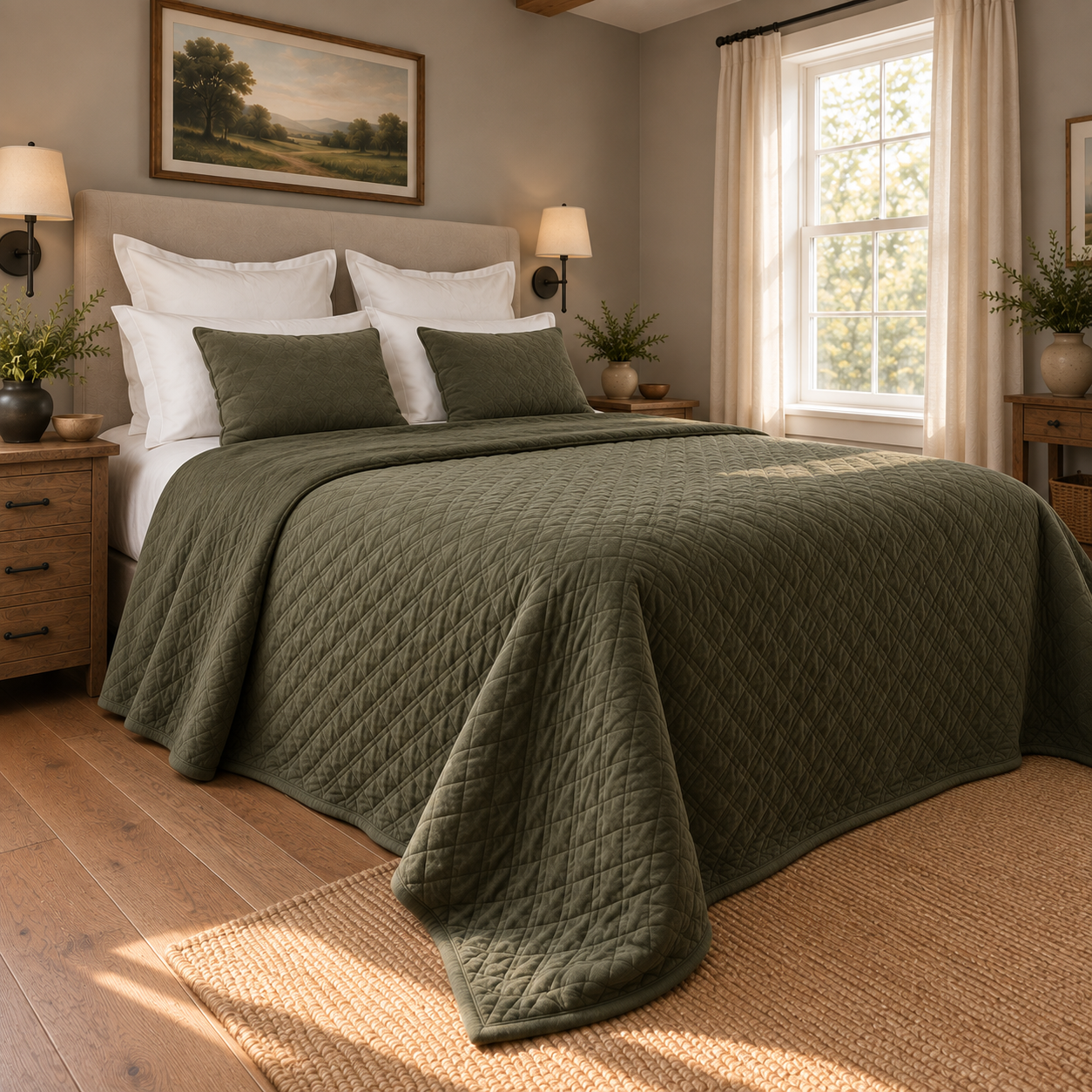 An olive quilted coverlet turned back over white sheeting on a made bed