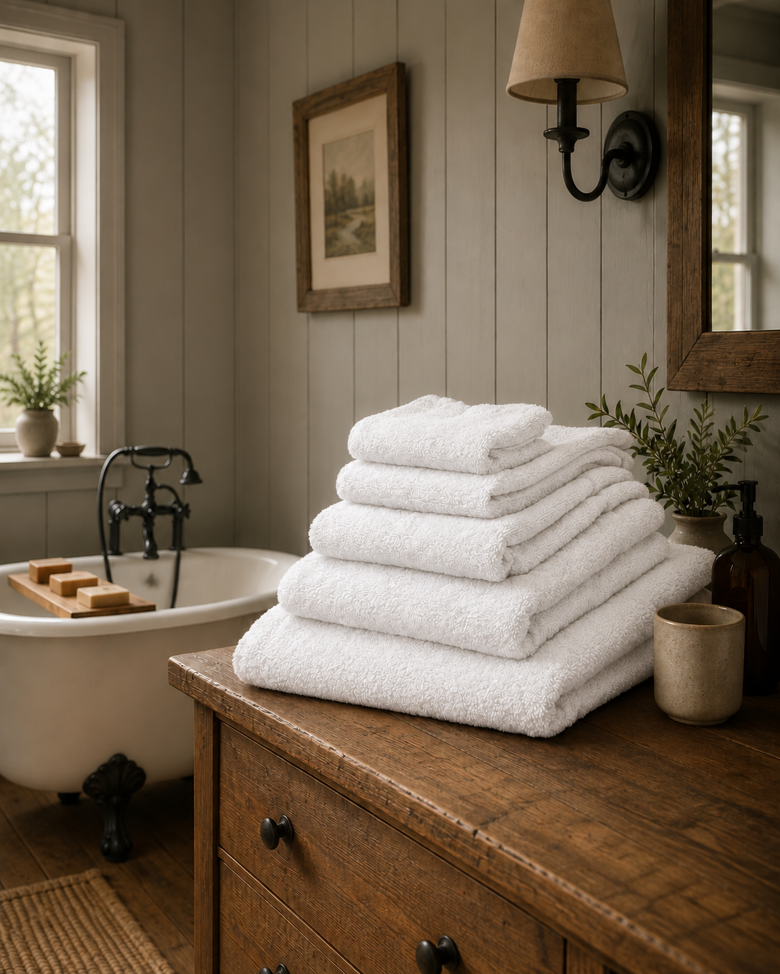 A stack of folded white towelling on a timber dresser beside a claw-foot bath