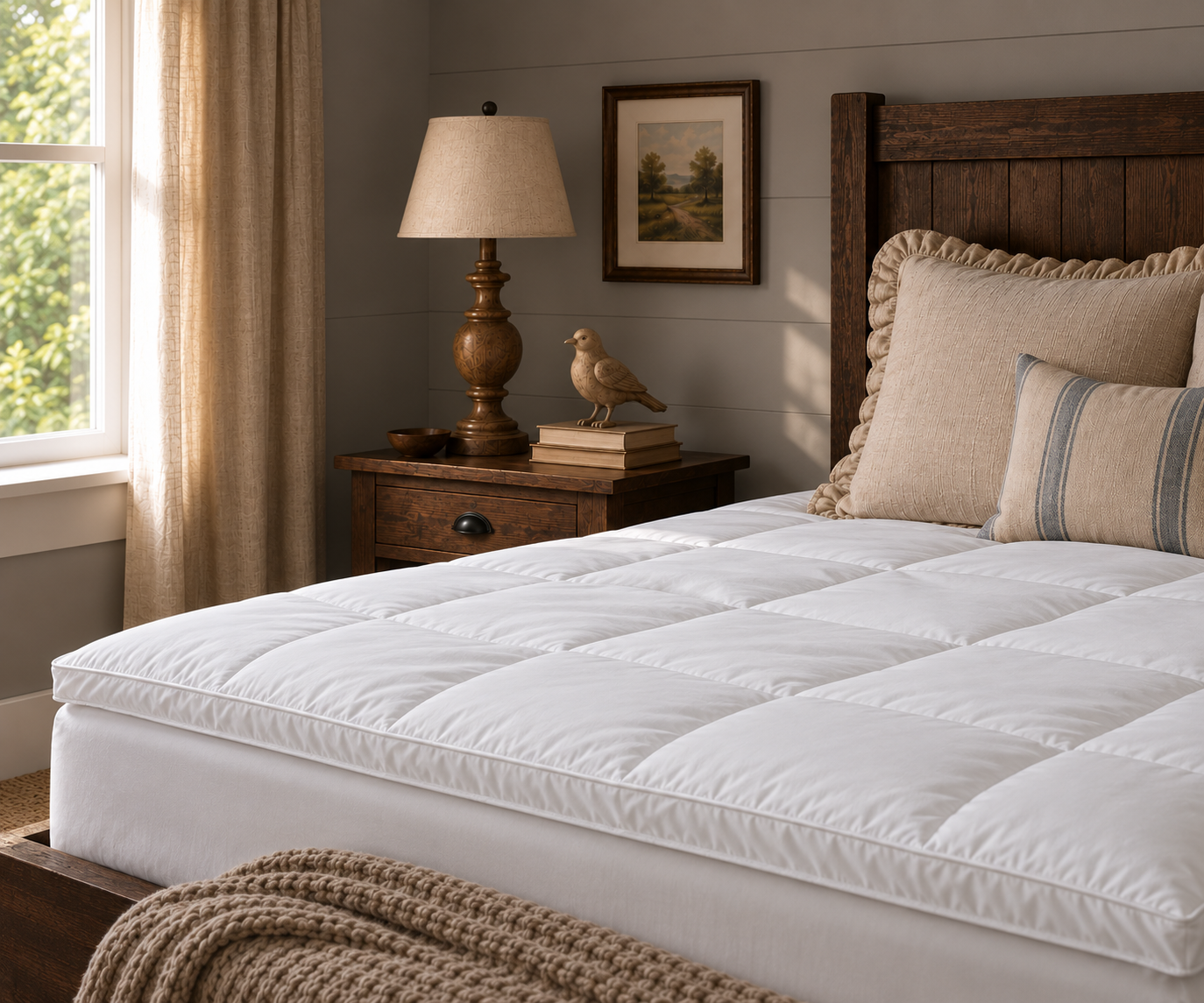 Close detail of a quilted loft topper on a made bed