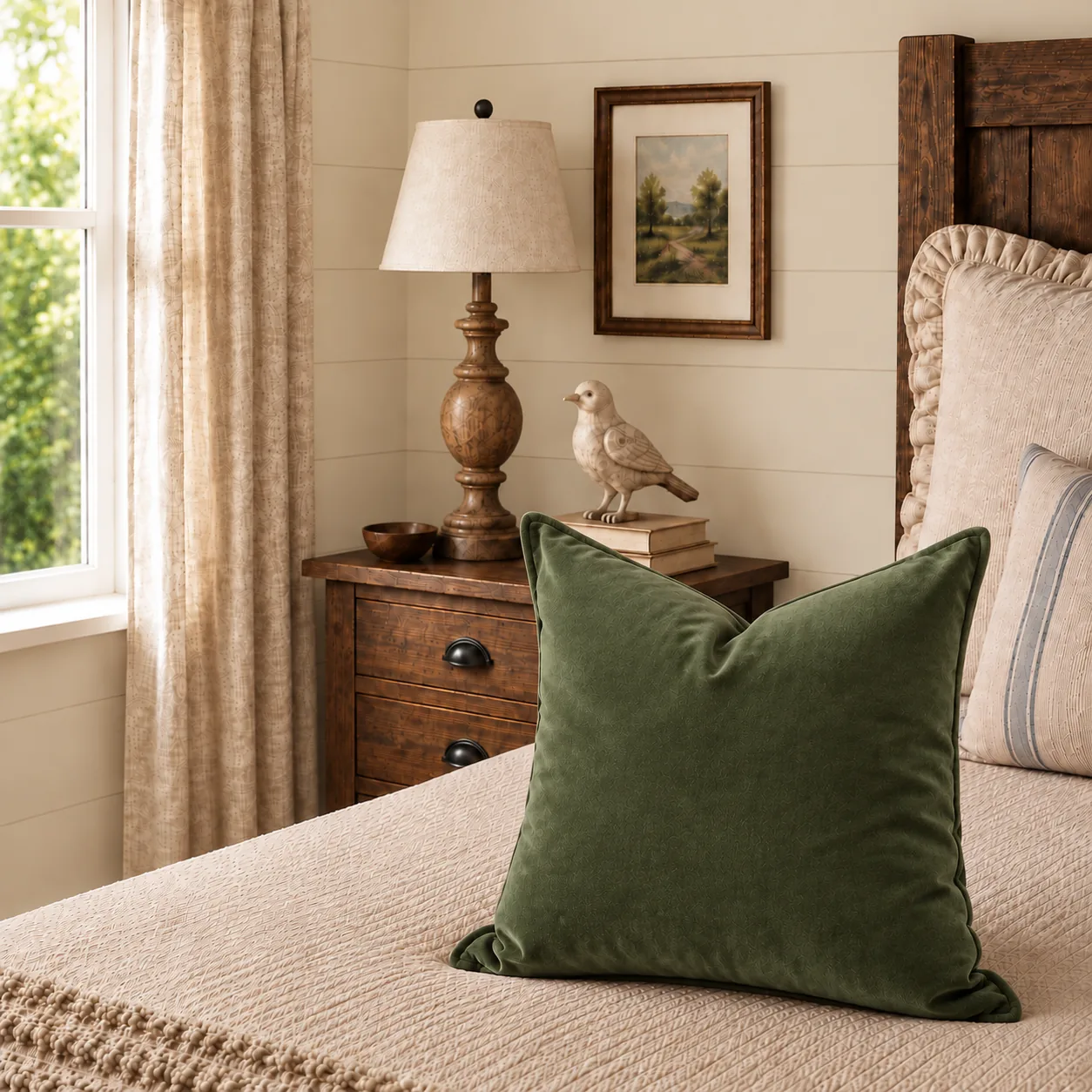 A fern velvet cushion propped on a made bed beside a timber lamp