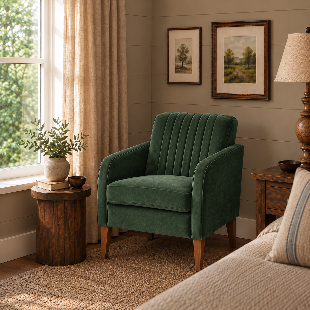 A green upholstered Batten chair in a sunlit bedroom corner