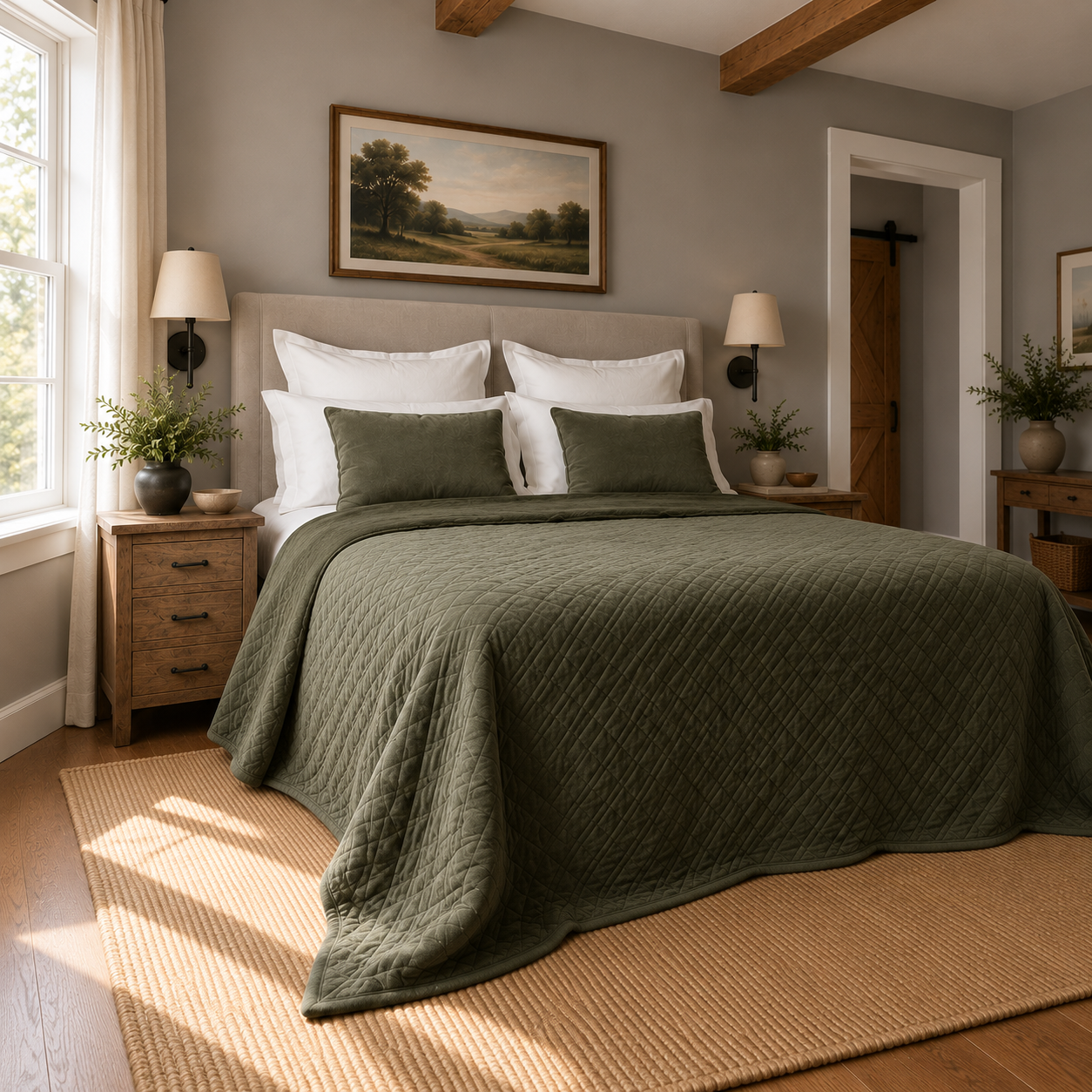 A made bed under an olive quilted coverlet in a beamed farmhouse bedroom, morning light through the window