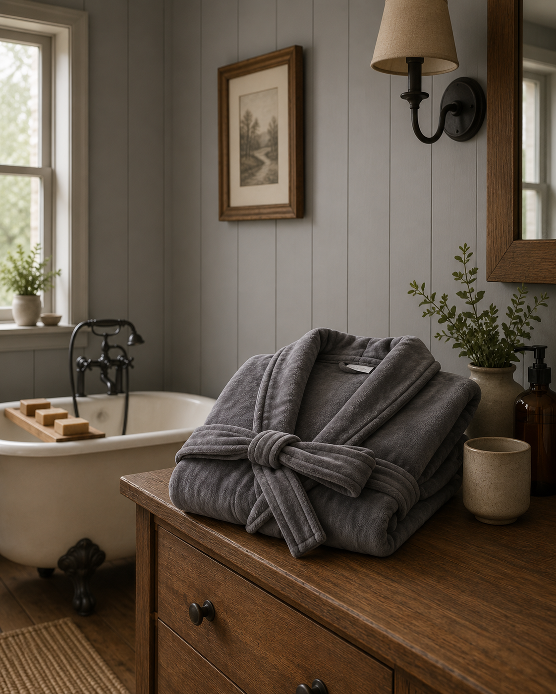 A charcoal velour bath robe folded on a timber dresser beside a claw-foot bath