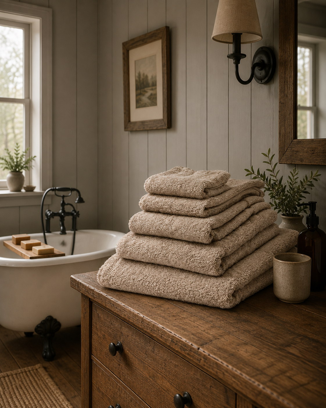 A stack of folded mocha towelling on a timber dresser